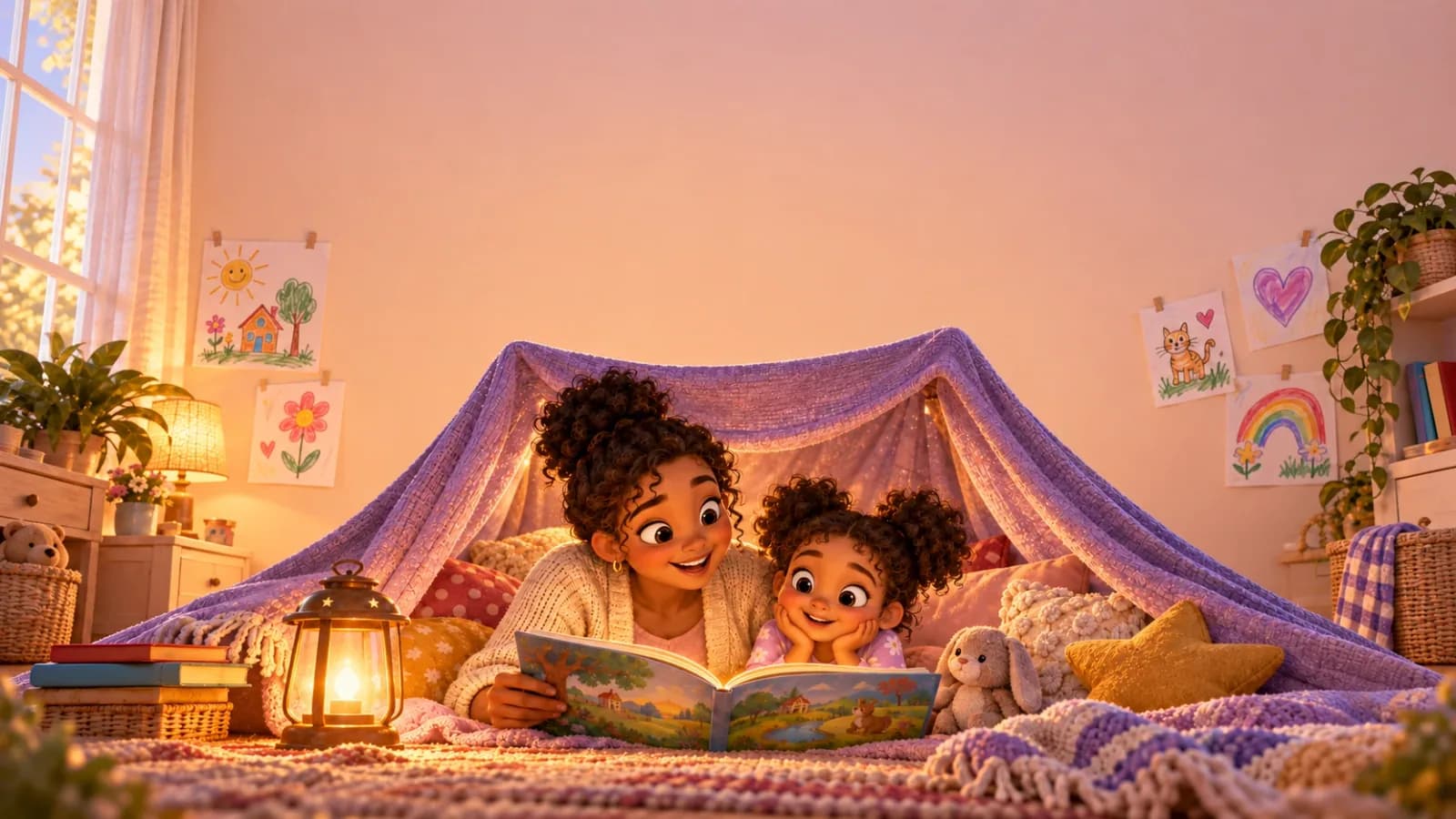 Una persona adulta y un niño leen un libro ilustrado resplandeciente dentro de una tienda hecha con una manta violeta, con dibujos infantiles sujetos a la pared
