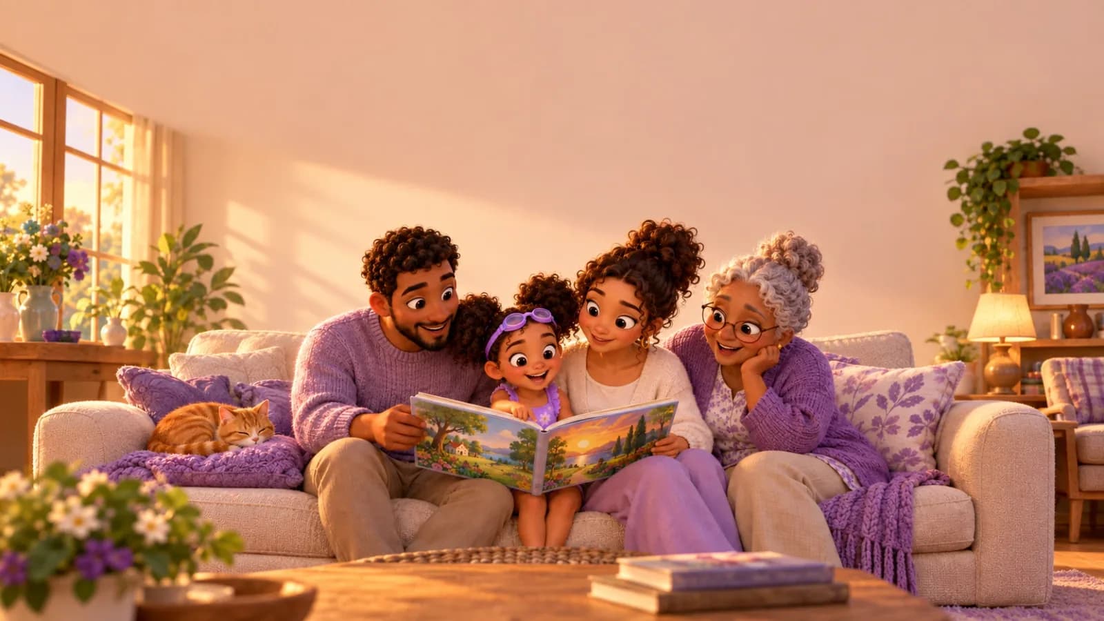 Una niña, sus padres y su abuela leen juntos un libro ilustrado en el sofá