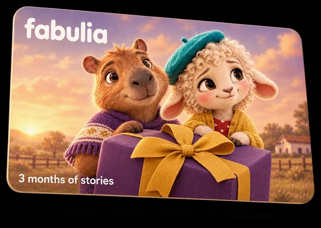 Una tarjeta regalo de Fabulia con Piero, el carpincho, y Emilia, la corderita, sosteniendo un regalo envuelto: 3 meses de historias