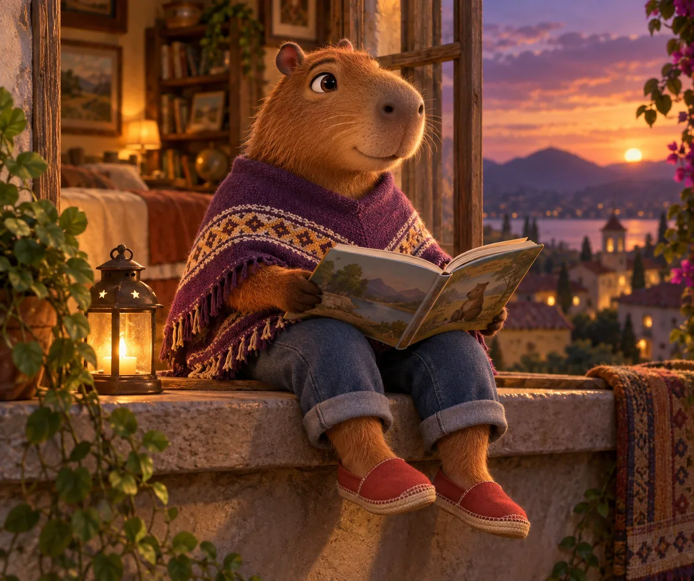 Piero, el carpincho, leyendo un libro ilustrado en el alféizar de una ventana junto a un farol resplandeciente