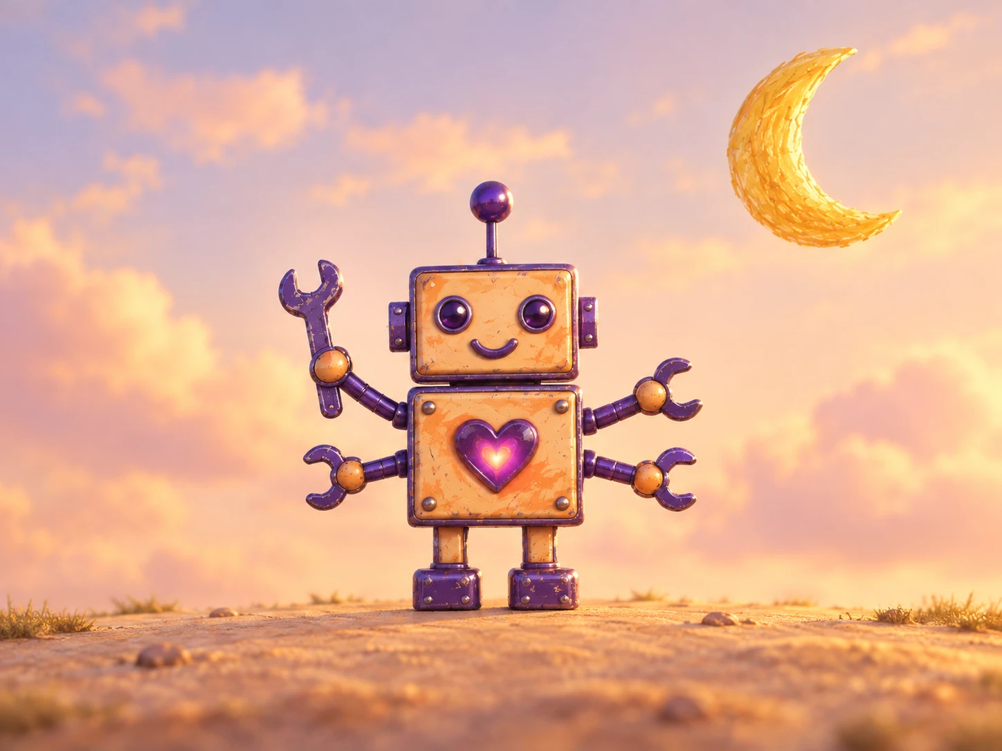 Tiko como personaje 3D bajo una luna creciente