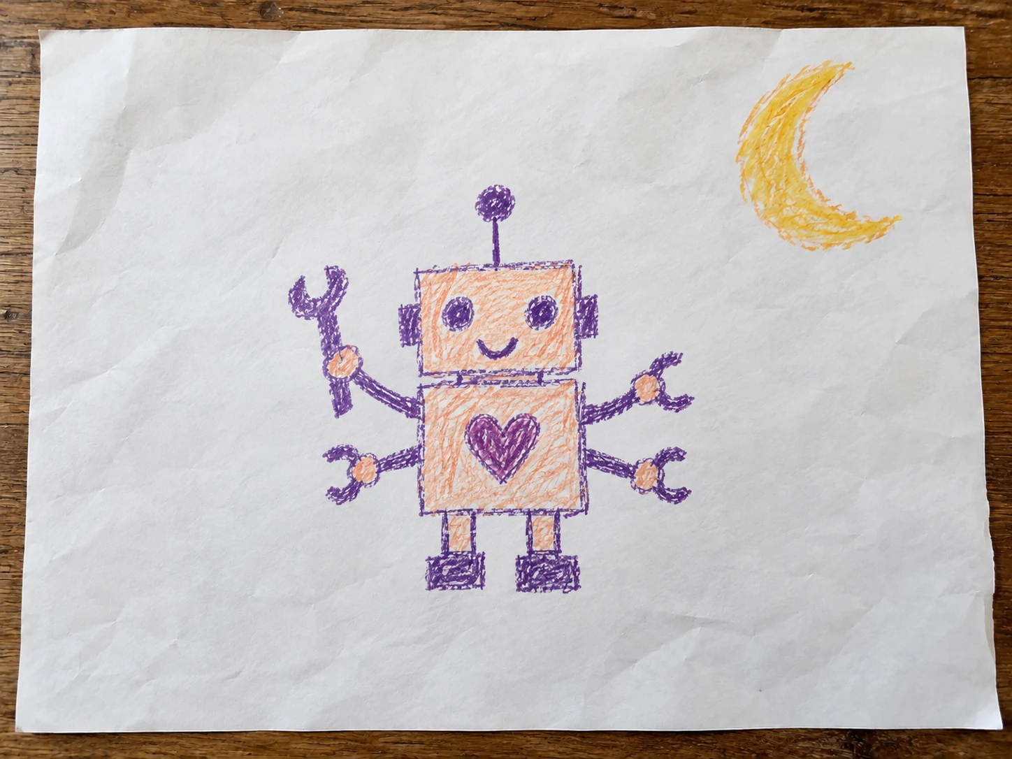 El dibujo original de Tiko, el robot, hecho con ceras