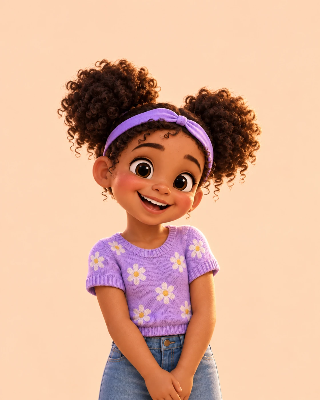 Mia como personaje ilustrado de cuento, con el pelo rizado y una diadema lavanda
